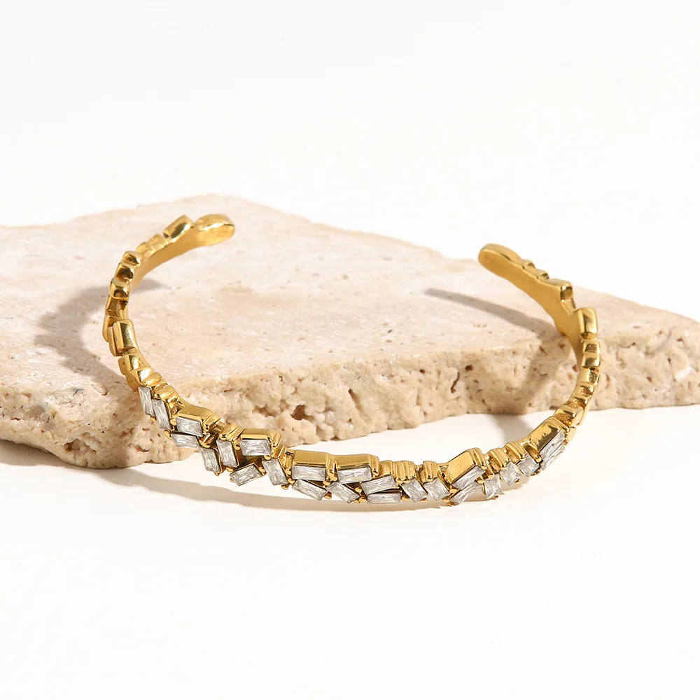 Stainless Steel Irregular Bracelets Rectangle Cubic White Zircon Inlaid Opening Bangles