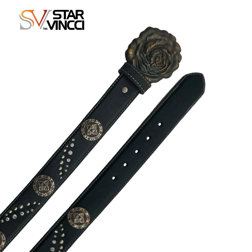 Designer luxury vintage rose buckle waist belt rhinestone genuine leather ladies belt  dress accessories