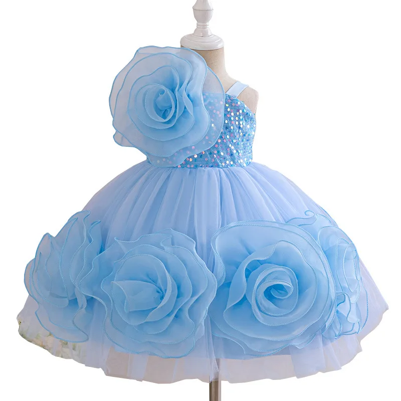 2024 Summer High-End Princess Dress for Girls Cross-Border Foreign Style with Three-Dimensional Rose and Puffed Skirt
