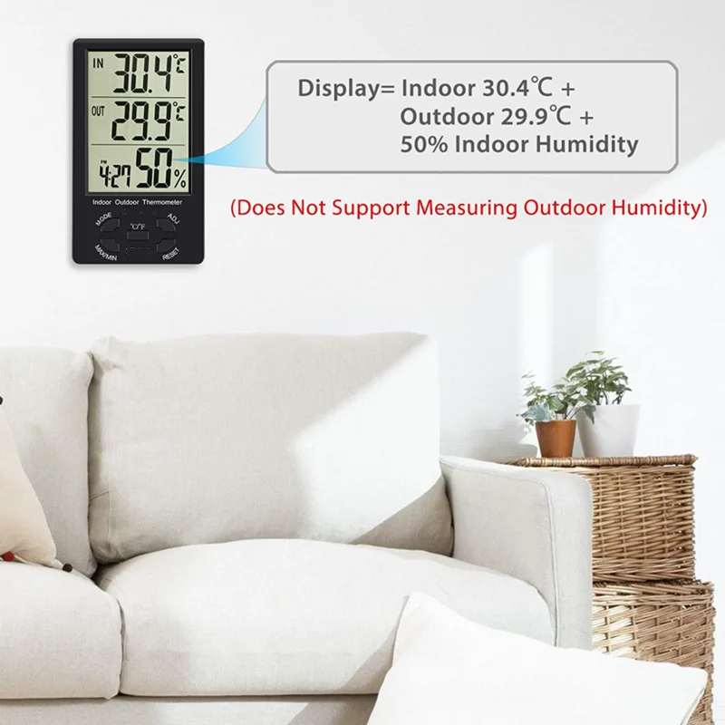 Free Sample Digital Indoor Outdoor Large LCD Display Wall Alarm Clock 3 in 1 Thermometer Hygrometer External Probe Sensor Cable