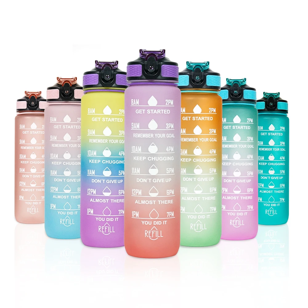 1L Sip Lid Gradient Water Bottle With Time Maker Motivational Sport Plastic Water Bottle For Cycling Fitness