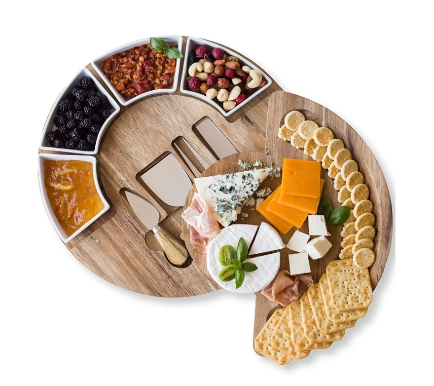 Acacia Wood Round Cheese Boards Charcuterie Board Sets with 4 Dish Cheese Serving Platter and Knife Set