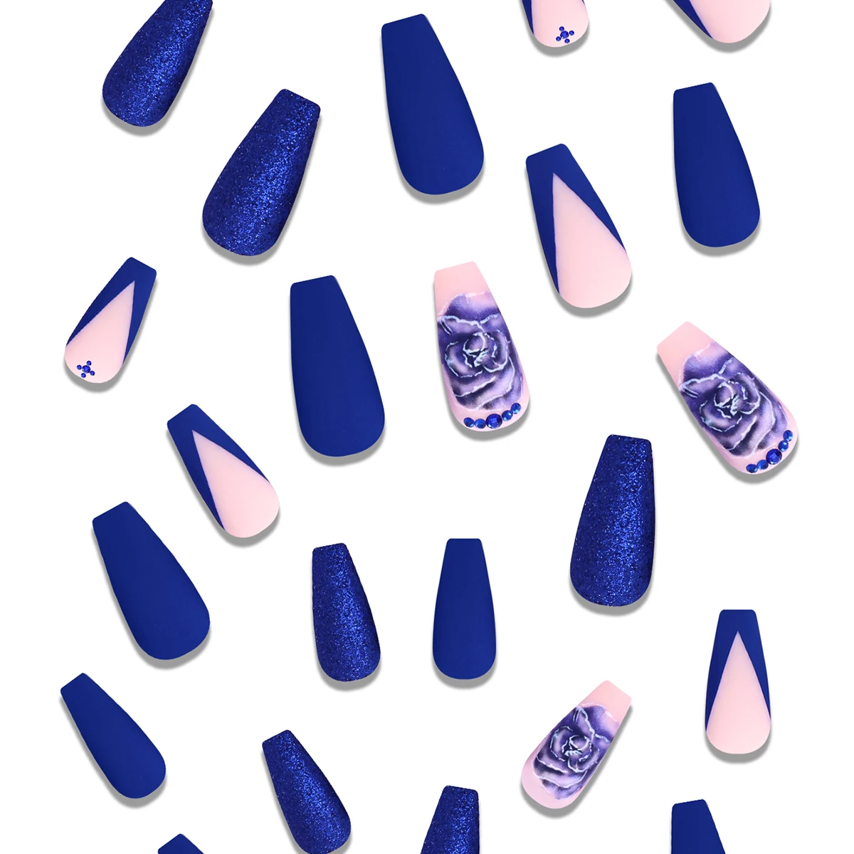 French Flowers Press on Nails Flash Diamond 3D Rhinestones Glitter Glossy False Nails Long Ballerina Coffin Fake  Tips Manicure