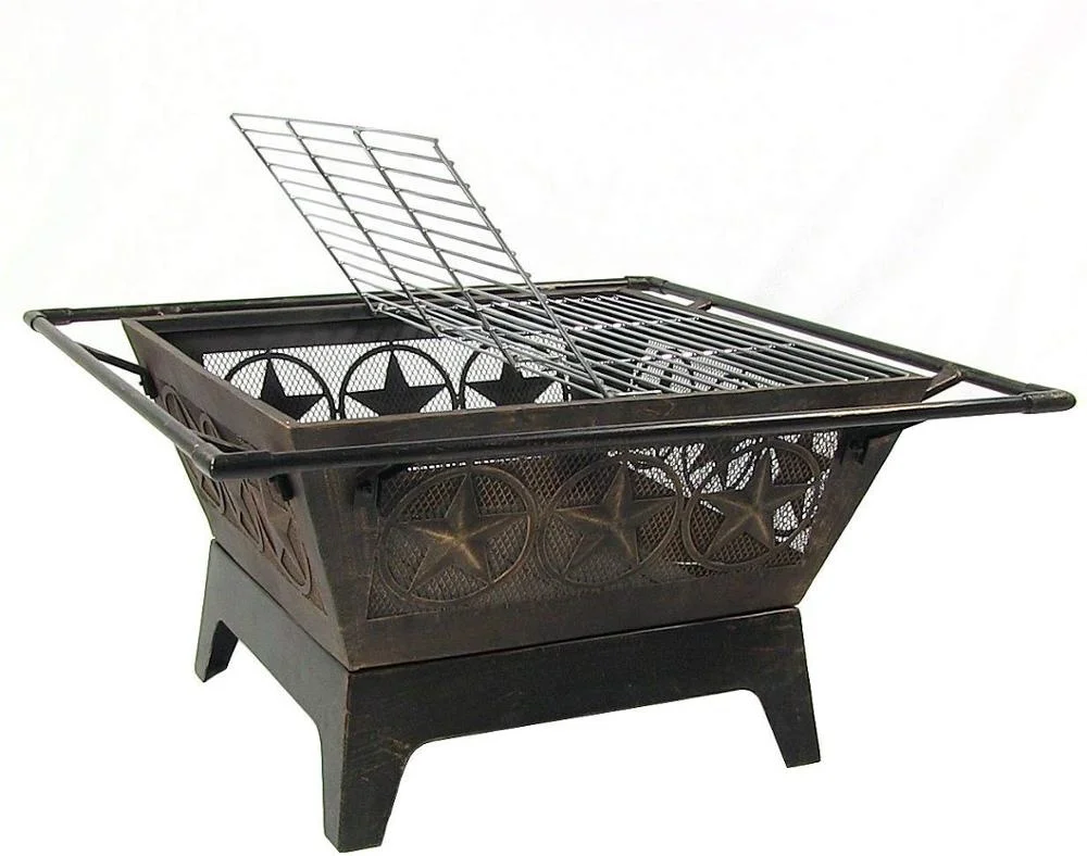 2021 With BBQ Grill Hot Selling 32 Inch Large Charcoal Wood Burning Firepit Patio Backyard Square Fire Pit