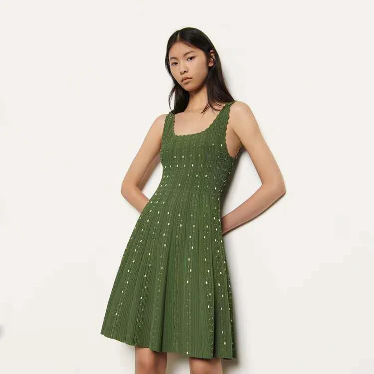 Conventional Sleeveless Square Collar Diamond H Type Lotus Leaf Skirt Long Cotton Tight Dress