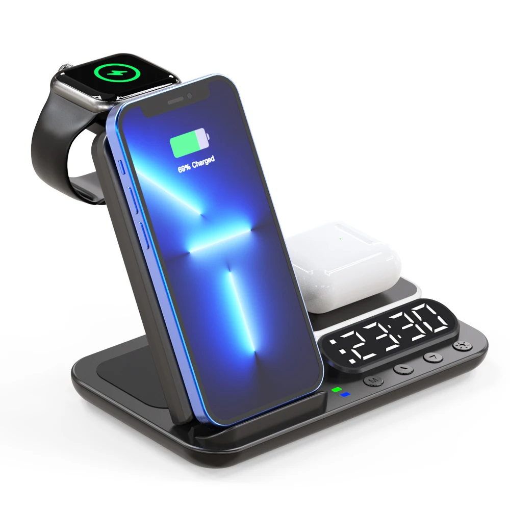 Best 15W  8 in 1 Pen holder alarm clock with wireless charging smart lamp  for Iphone 13  Folding Charging