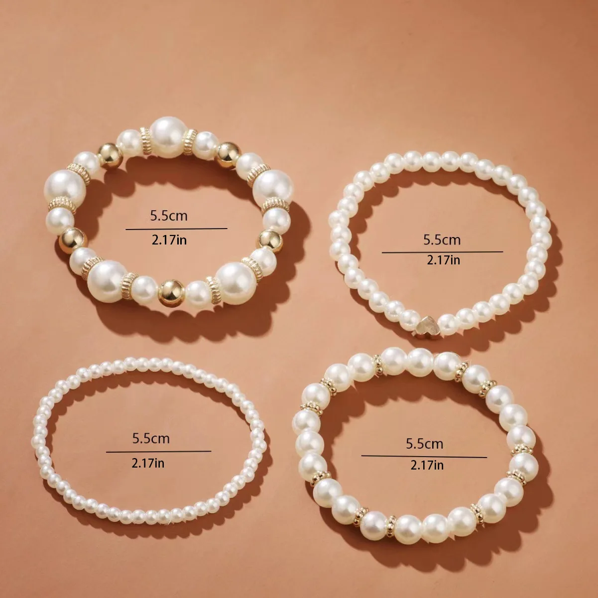 Fashion Love Imitation Pearl White Beaded Bracelet Set Four Multi Layer Handmade Geometric Bracelet For Women Accessories Gift