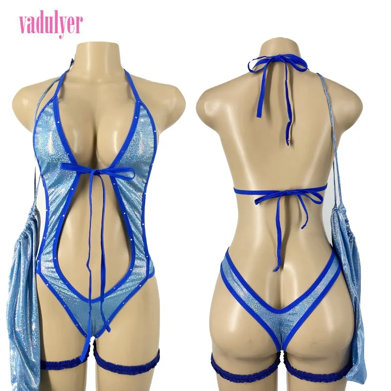 Vadulyer Wholesale Sexy Exotic Laser Tassel Money Bag Leg Garters Stripper Dancewear Set (1600273336241)