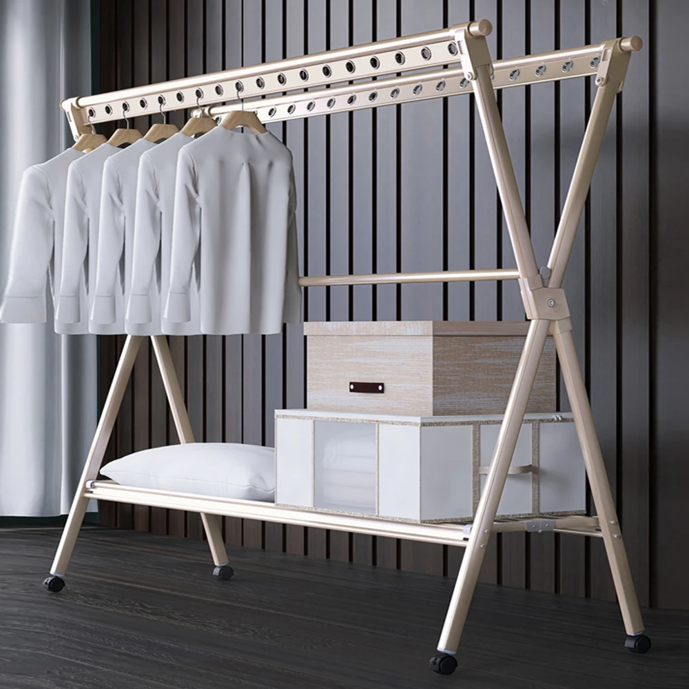 Double Rail Adjustable Rolling Garment Rack With Bottom Shelf and Wheels Dry Clothes Rack Display Rack