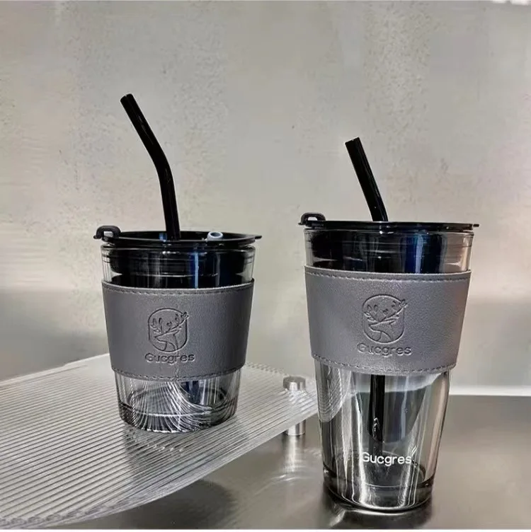 350/450ml Coffee Straw Cup With Lid Heat-resistant Water Bottle Beer Drinkware Coffee Mug With Straw Deer Printed Leather Glass
