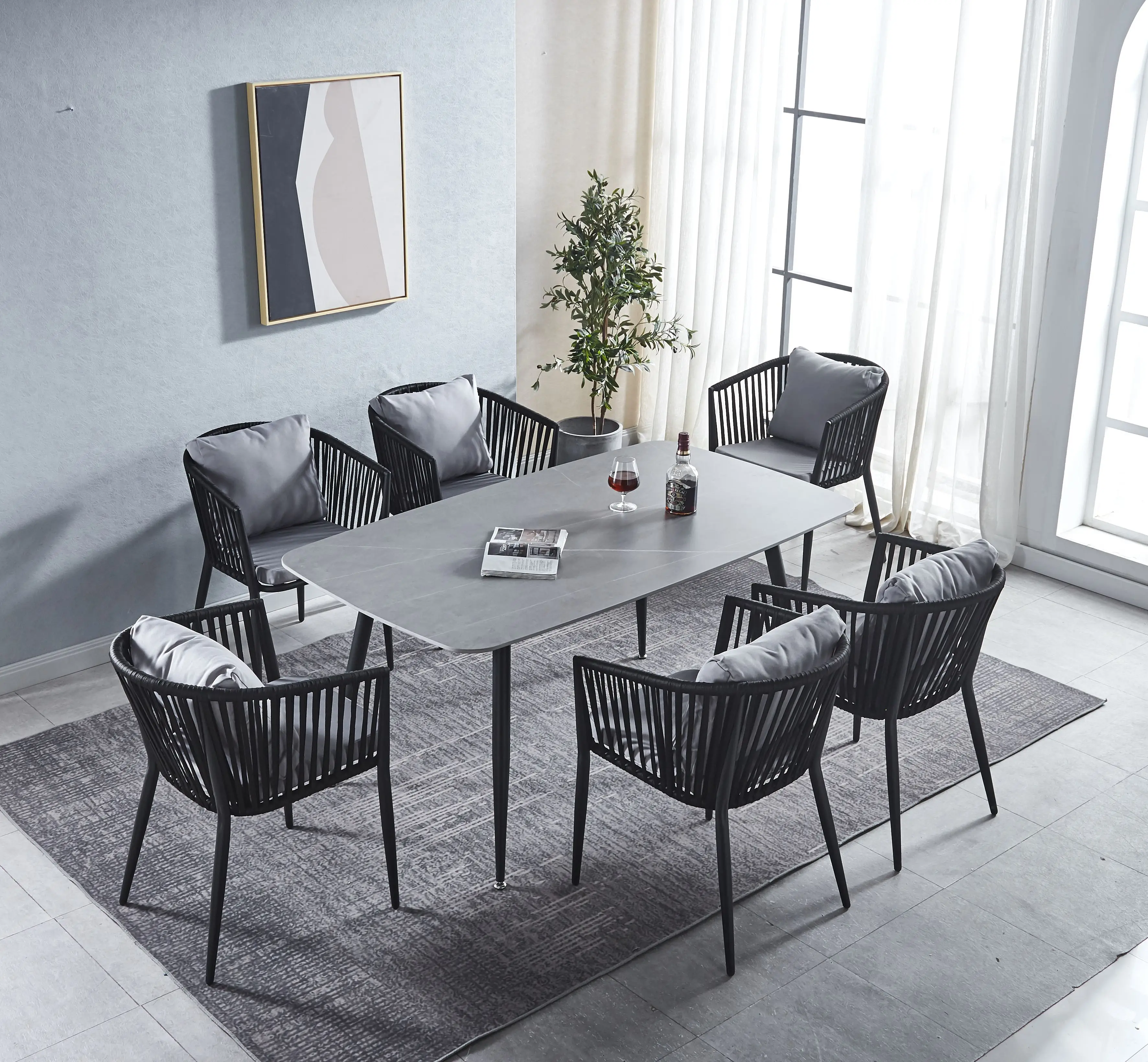 2023 hotsell woven rope outdoor stackable wholesale iron frame metal patio cafe garden dining chair with waterproof cushion