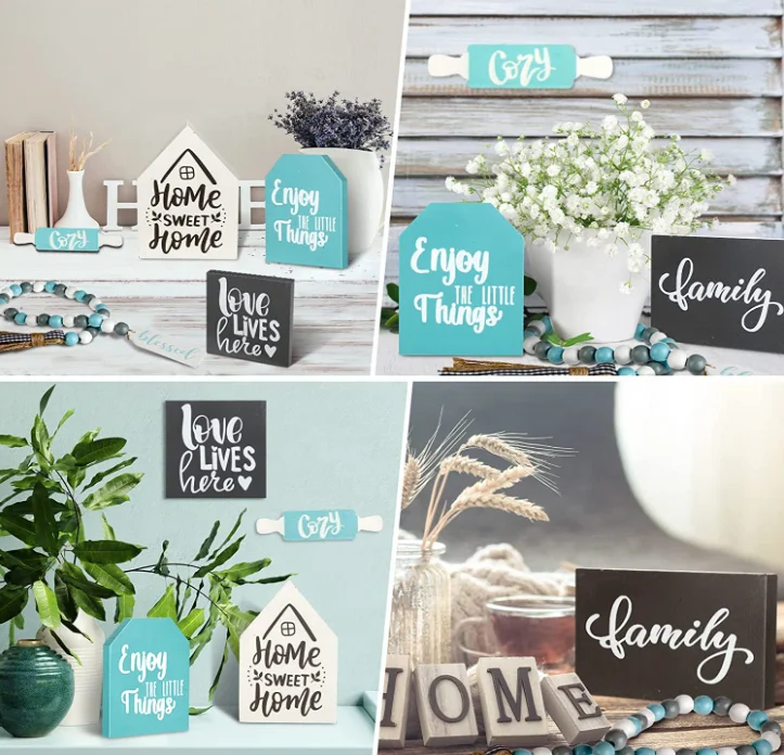 6pcs Bundle Home Items Signs Set Rustic Farmhouse Mini Rolling Pins Farmhouse and Beaded Garland Wood Tiered tray Decor