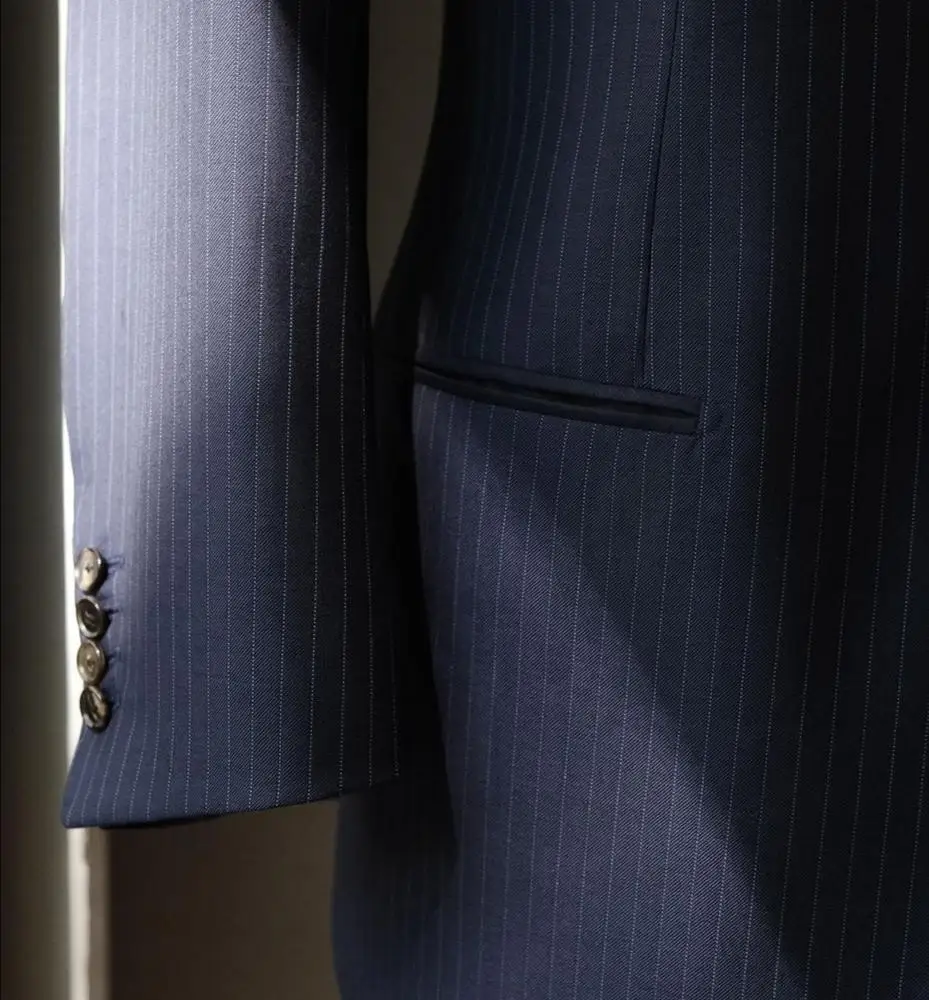 Classic Navy Stripe 3 Piece Slim Fit Coat Pant Suit for Men Italian