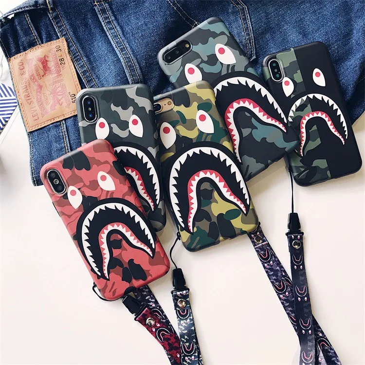 
case for iphone 11 street fashion brand design designer shark phone case with lanyard string keychain 