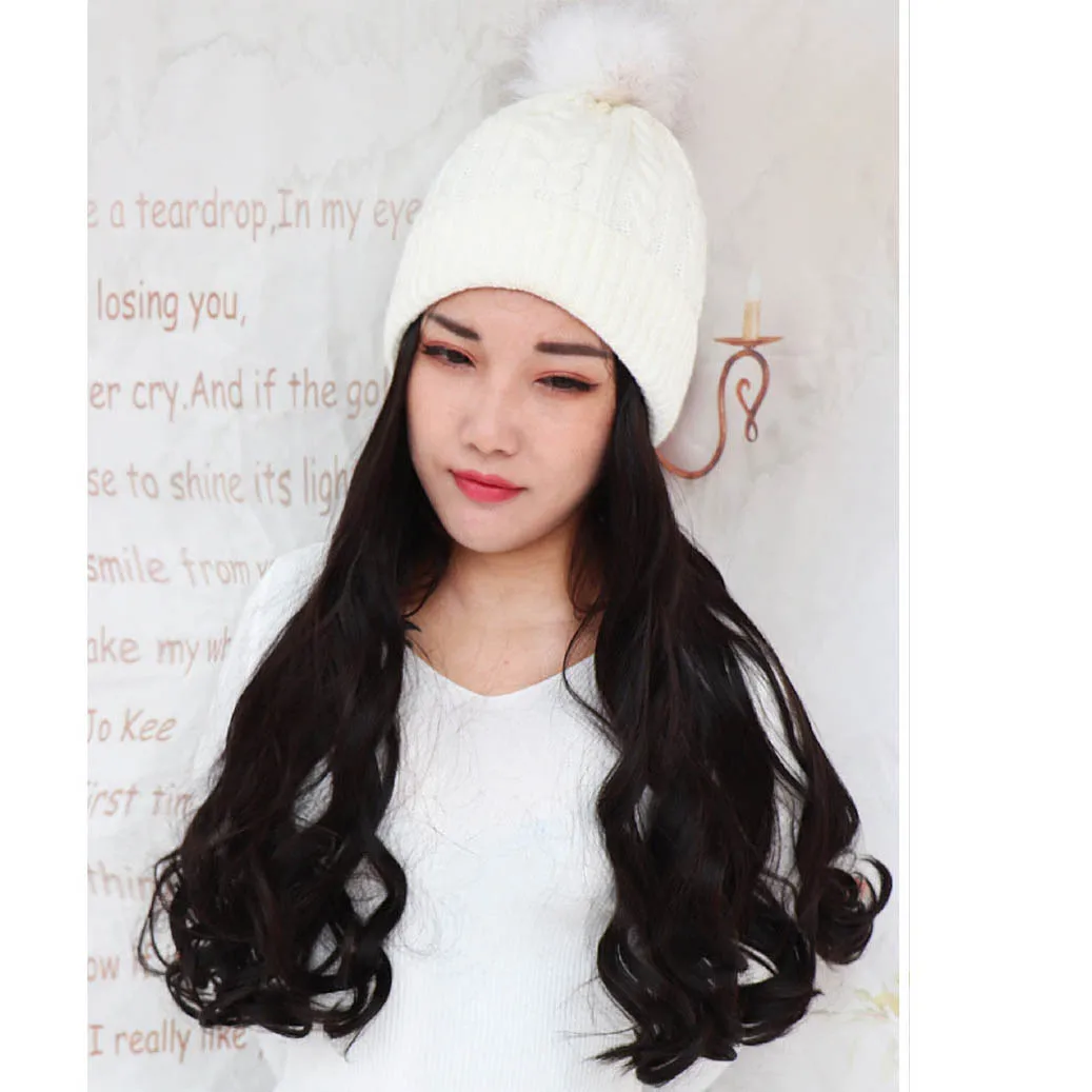 Fashion Autumn Winter Warm New Wigs With Hat Long Wave Hair Beanie Hat With Wig