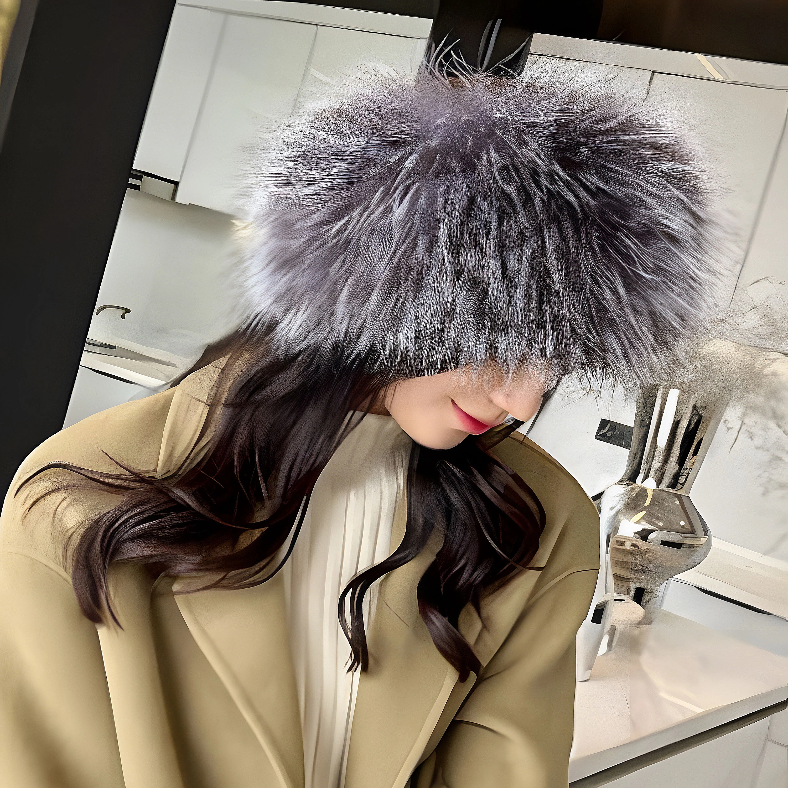 Wholesale Real Fox Fur Headband Winter Women Silver Fox Fur Scarf Knitted Soft Fluffy Fur Collar Neckerchief