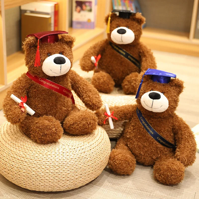 Factory Price 35cm Stuffed Animal Cute Bachelor Dr. Student Graduation Plush Teddy Bear With Red Hat