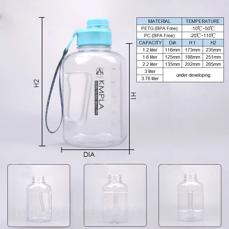 BPA FREE 1.2 1.6 2.2 3 3.78 liter sport drink bottle for gym camping outdoor from plastic factory for bottles and jars