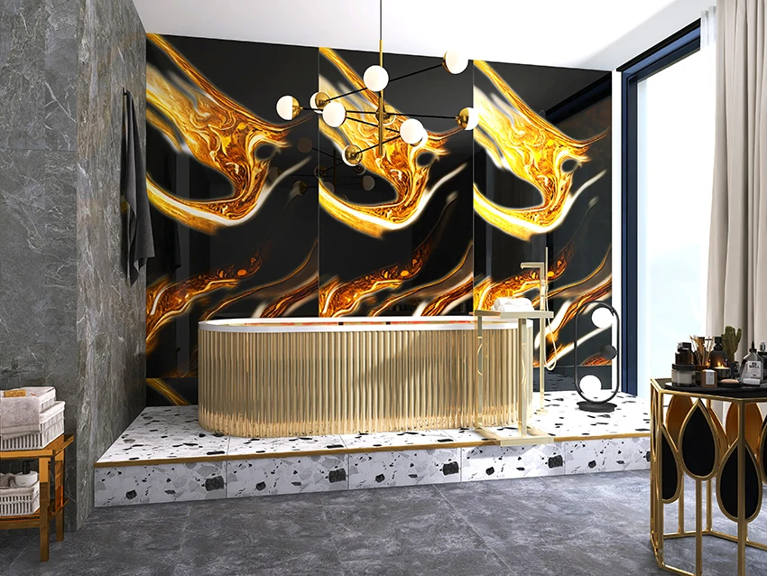 Foshan building materials glitter tiles sintered stone vitrified indoor bathroom luxury black and gold large porcelain tiles