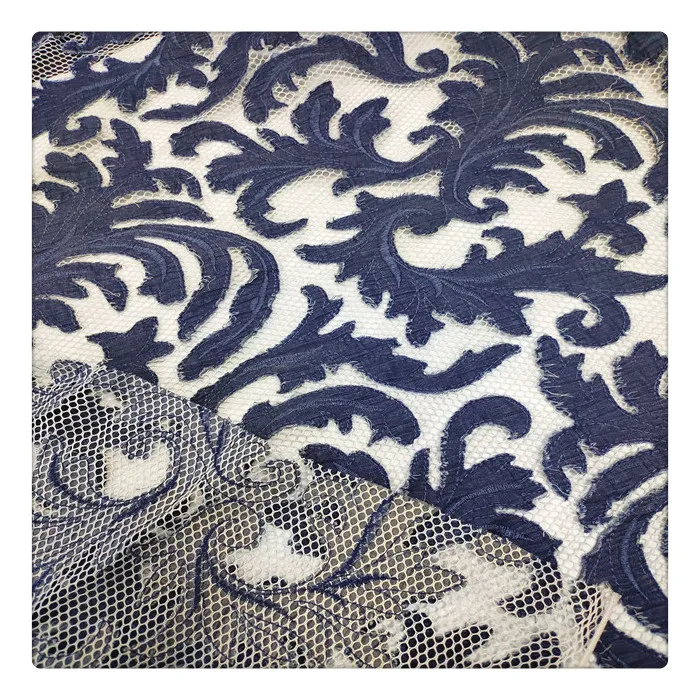 2023 lace navy blue guipure lace embroidery fabric denim laser cut embroidered mesh fabric