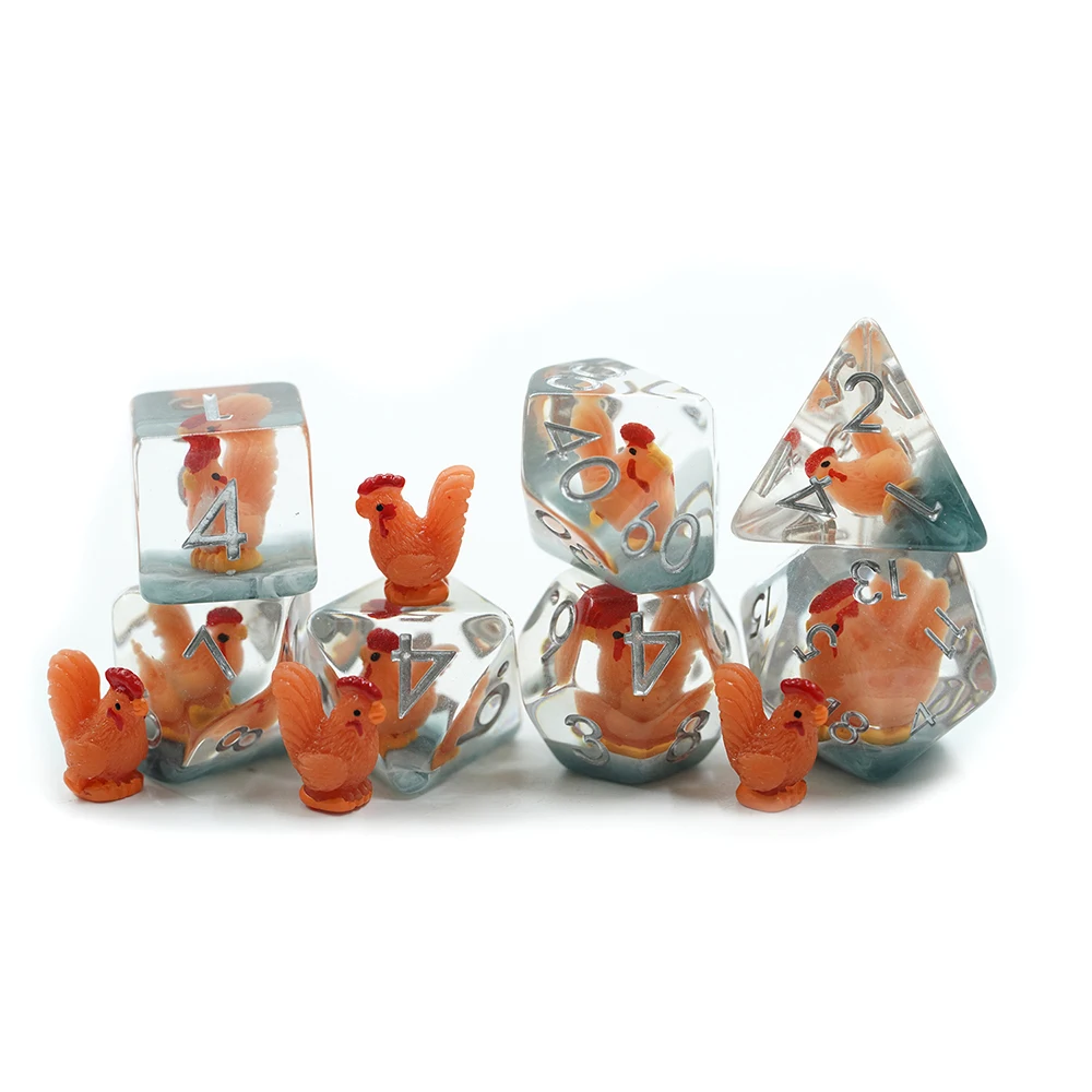 Factory Direct Sales Resin Dice 7 pcs Round Edge Cock Inclusion Dice DND Game Dice For DND