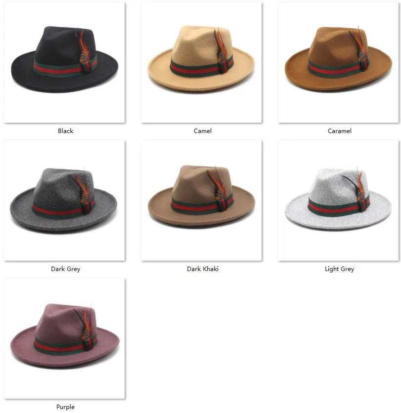 Wholesale  New Trendy Green Red Stripe Ribbon Feather Short Brim Fedora Hats for Men Fit Fashion Suits