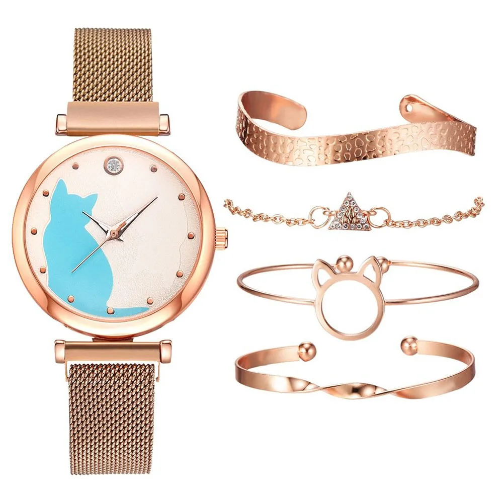 New Magnetic Watch Set Women Quartz Wristwatch Mesh Bracelet Cute Cat Dial Ladies Watches
