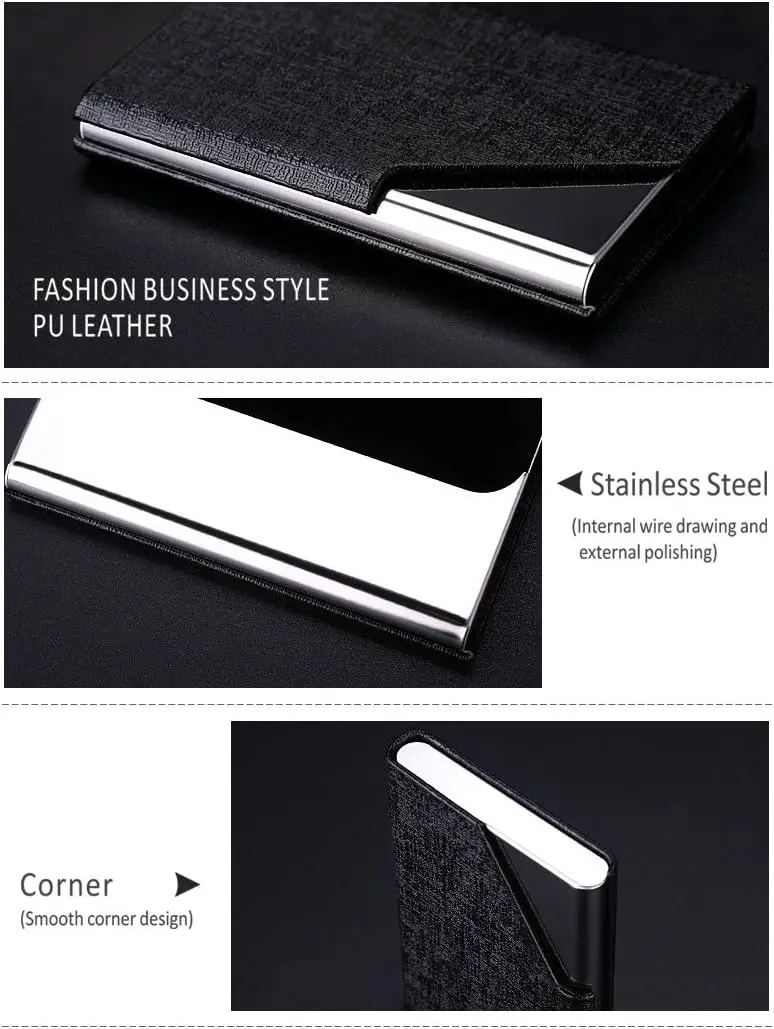 Engraved Logo Customized Logo Business Card Holder Name Card Case, PU Leather & Stainless Steel Credit Card Case for Men & Women