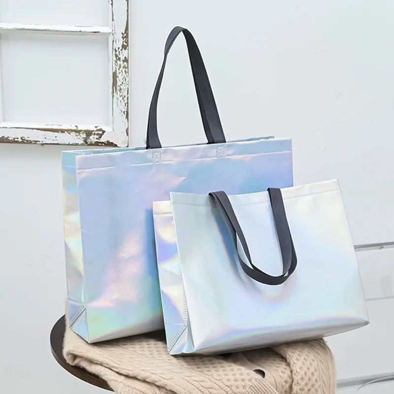 iridescent holographis gift bag glitter reusable non-woven silver metallic laser pp woven shopping bag sublimation tote bag with