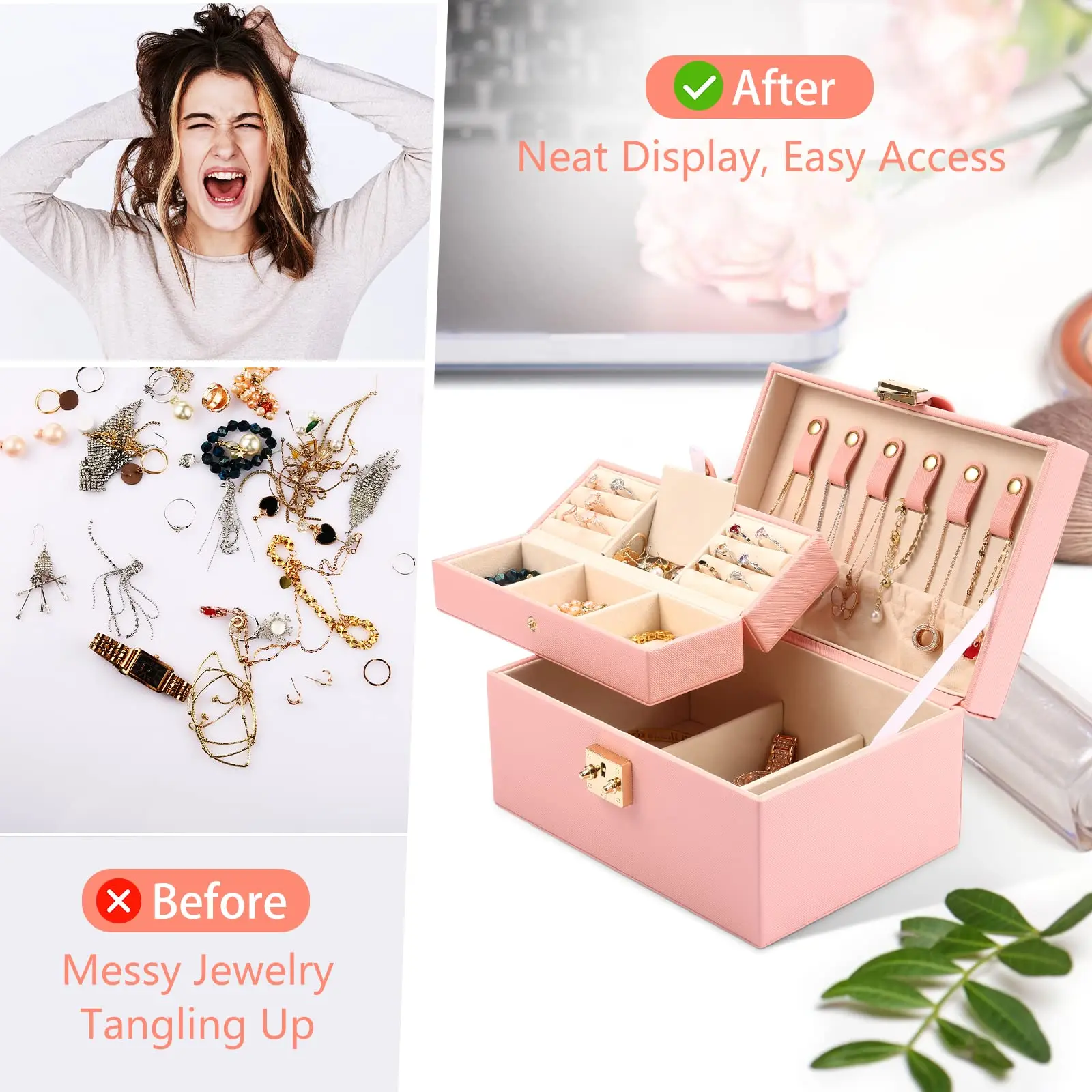 Jewelry Boxes Organizer for Women Girls Wife 2 Layers PU Leather Display Jewellery Holder  Removable Portable jewelry Case