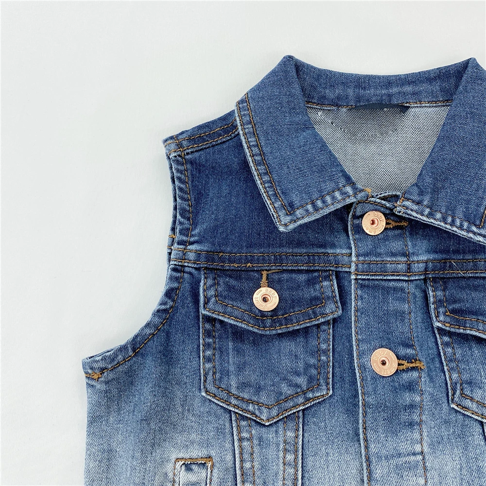 Spring Fall kids clothing blue cowboy street wear washed kids denim jean sleeveless jacket utility denim vest for baby boys