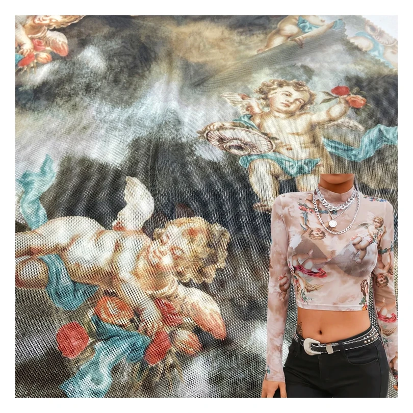 Cute angel design 95% polyester 5% spandex knitted custom 80GSM digital printed net power mesh fabric
