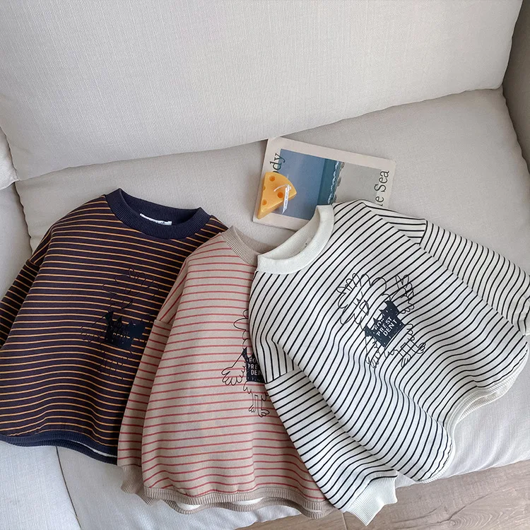 
Children 2020 Winter Warm Stripe Fox Cashmere Sweater Boys Girls Baby Loose Cartoon Collar Tops 