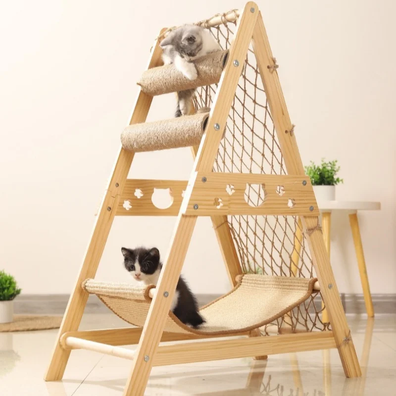 Multi function multi level wood sisal rope cat tree climbing frame shelf with teasing ball and hammock
