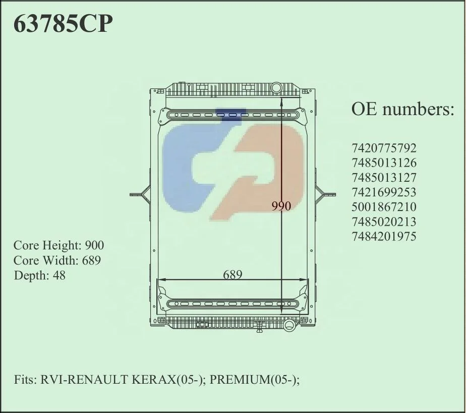 
63785CP aluminum radiator Renault trucks kerax permium 7420775792 7485013126 7485013127 7421699253 5001867210 7485020213 