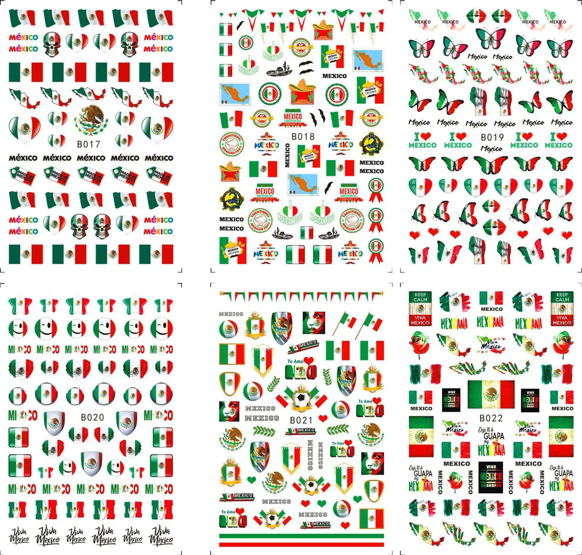 Mexico Flag Nail Art Stickers American Independence Day National Mexican Butterfly Heart Flame Series Nail Decal Slider