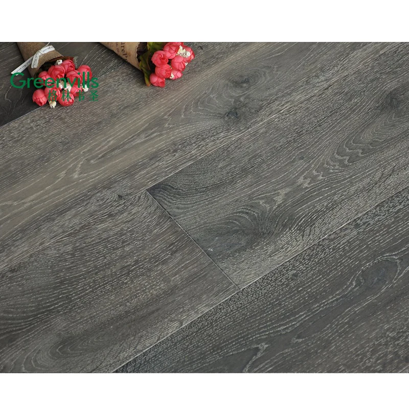 black stained wire brushed European oak engineered wood flooring Guangzhou factory
