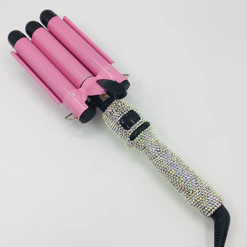 LCD Display Bling 3 Barrel Curling Iron Wand Triple Pink Crystal Hair Crimping Iron