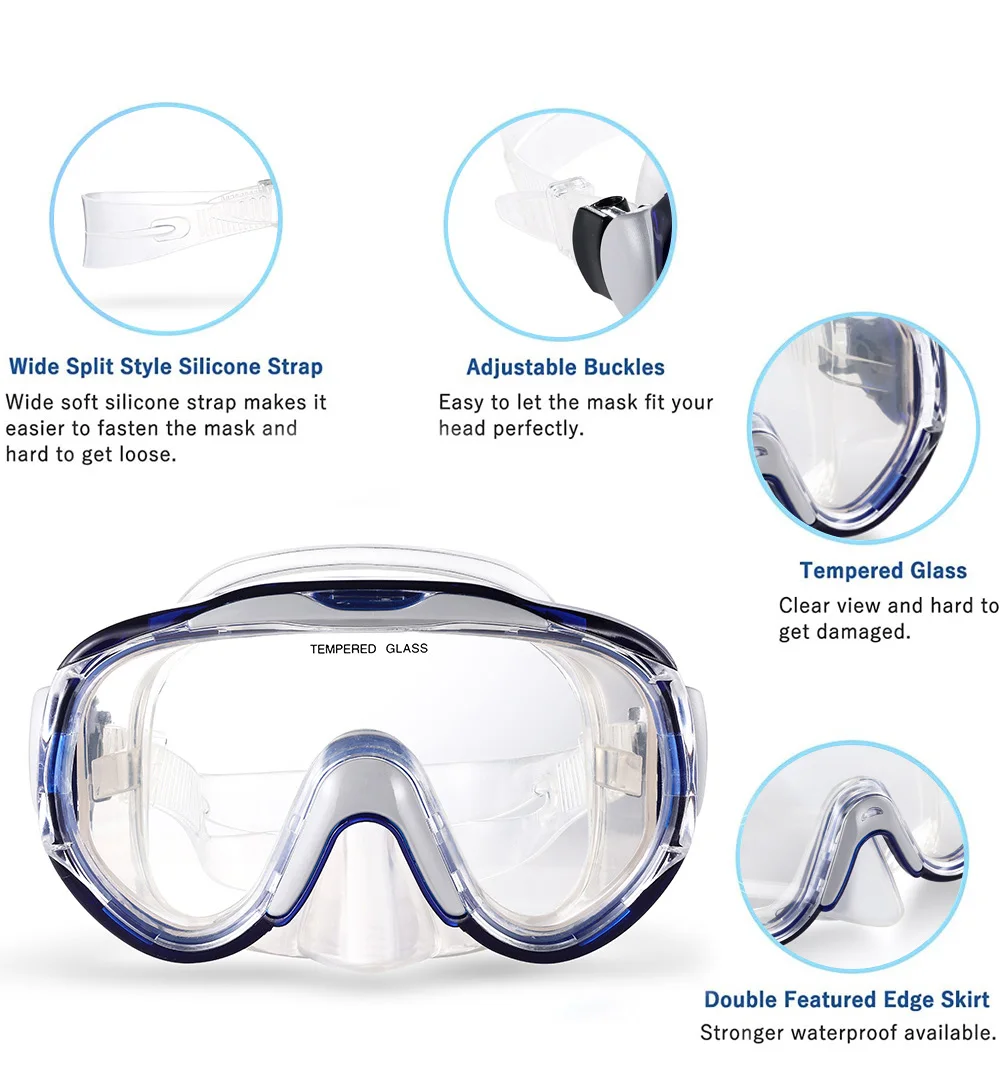 Adult Diving Mask With Automatic Clip On Tempered Glass Lens Anti Fog Leak Proof Adjustable Headband Silicone Diving Mask