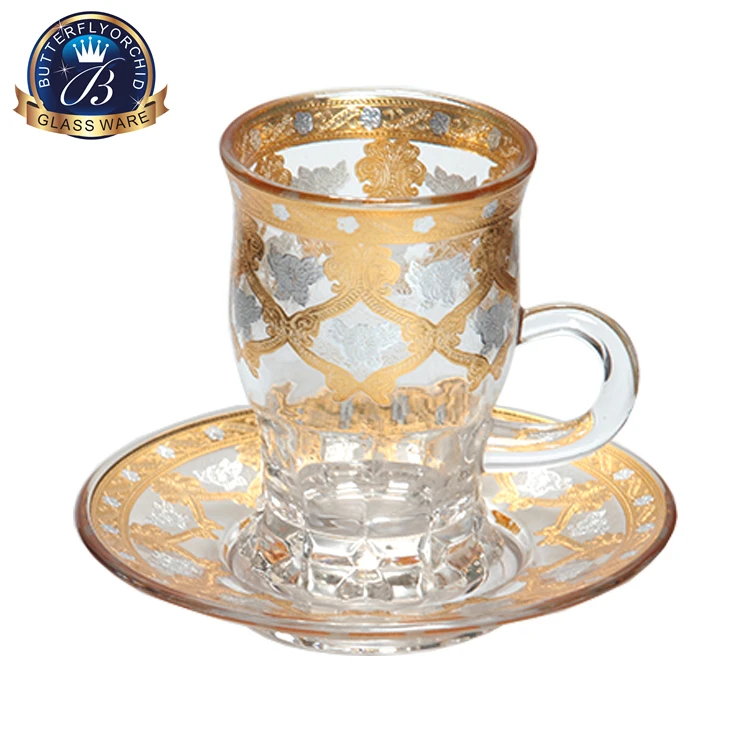 Luxury unique design new turkish tea  glass tea coffee cups and saucers sets