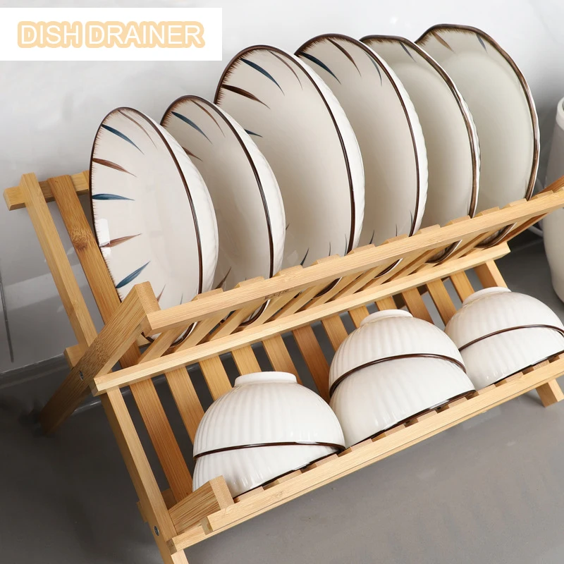 Dish Drainer Bamboo Dish Drying Rack with Utensil Holder.Collapsible2-Tier Folding Drying Holder for Kitchen