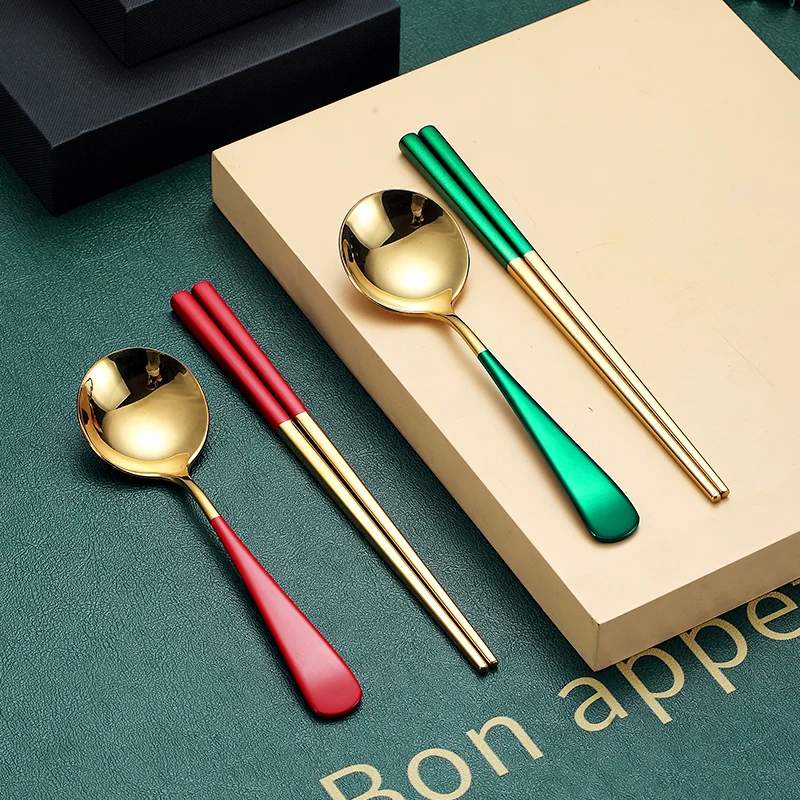Reusable Korean Spoon And Chopstick Set Portable Golden Stainless Steel Cutlery Dinner Spoon