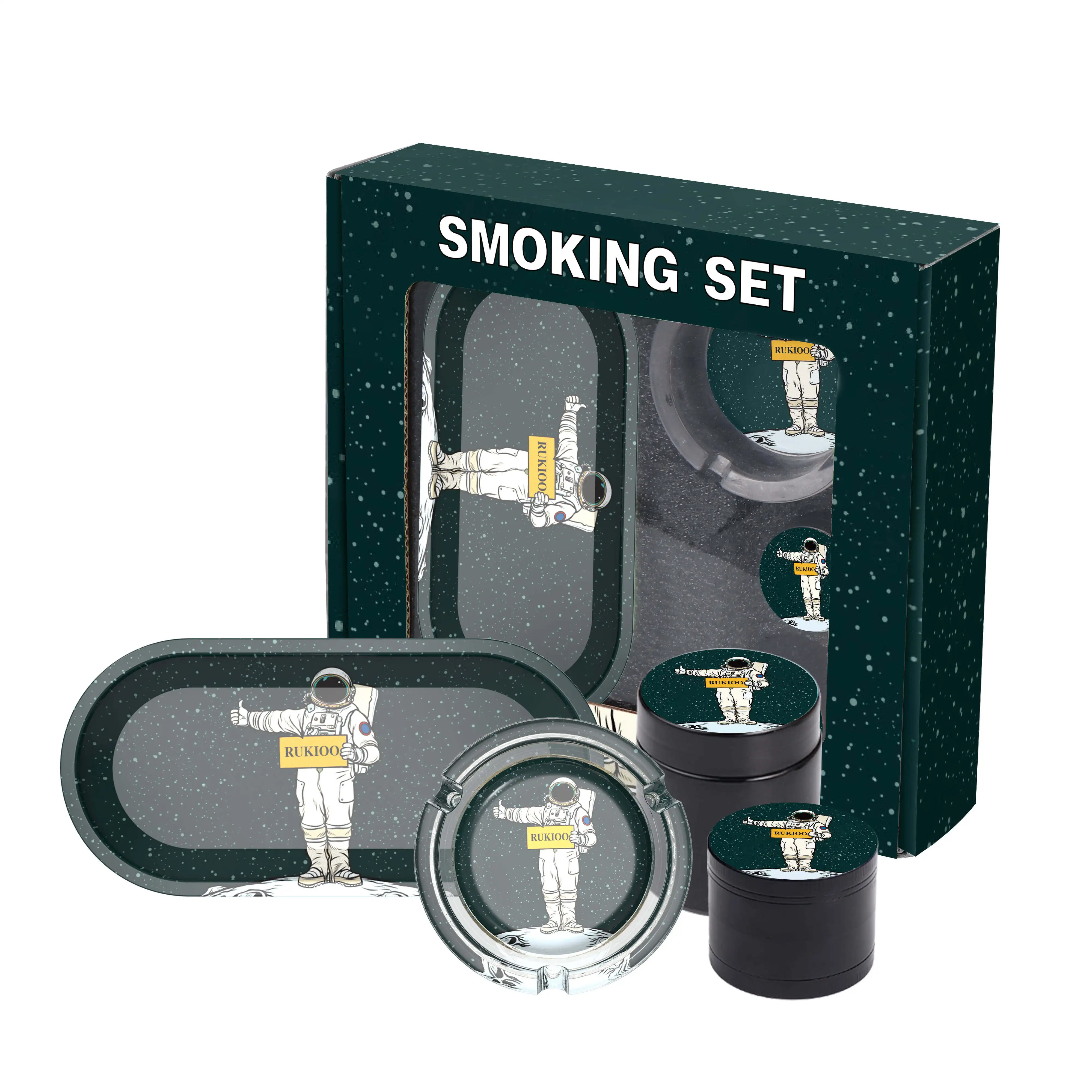 Glass Ashtray Rolling Tray Metal Grinder Tobacco Jar Box All in One Smoking Set Tobacci Accessories Kit