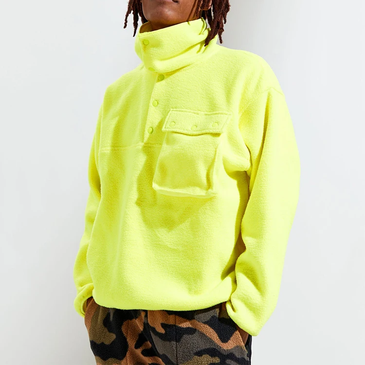 Decheng Oem Button Up Mock Neck Hoodies Oversize Trending Fluorescent Yellow Drop Shoulder Sherpa Fleece Heavyweight Hoodie