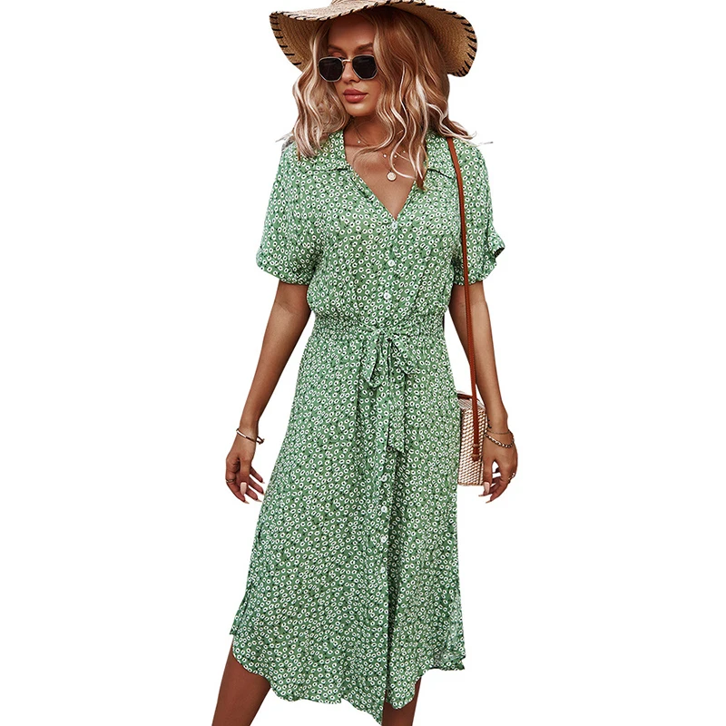 Wholesale Clothing Summer Clothes Ladies Button Down Short Sleeve Turn-Down Collar Midi Floral Print Dresses With Belt