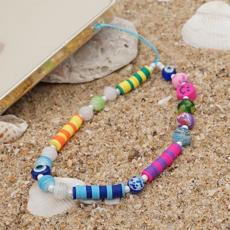 In Stock! Acrylic Resin Mobile Phone Accessories Evil Eye Phone Straps Soft Clay Beads Smiley Face Phone Charms For Women