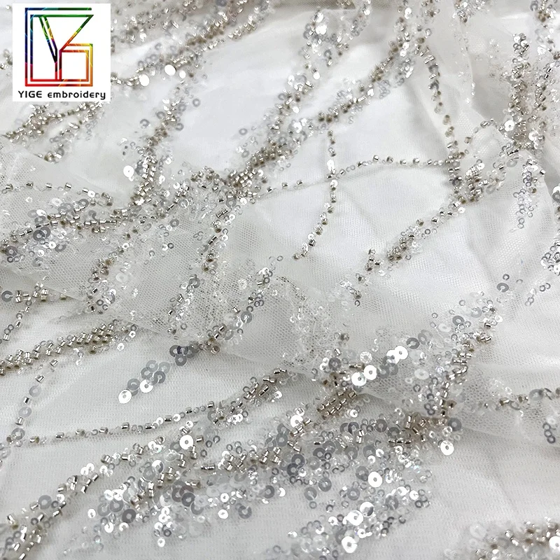 New fashion 3d Luxury french bridal white beaded sequined african evening dress stripe embroidery Mesh Lace fabric