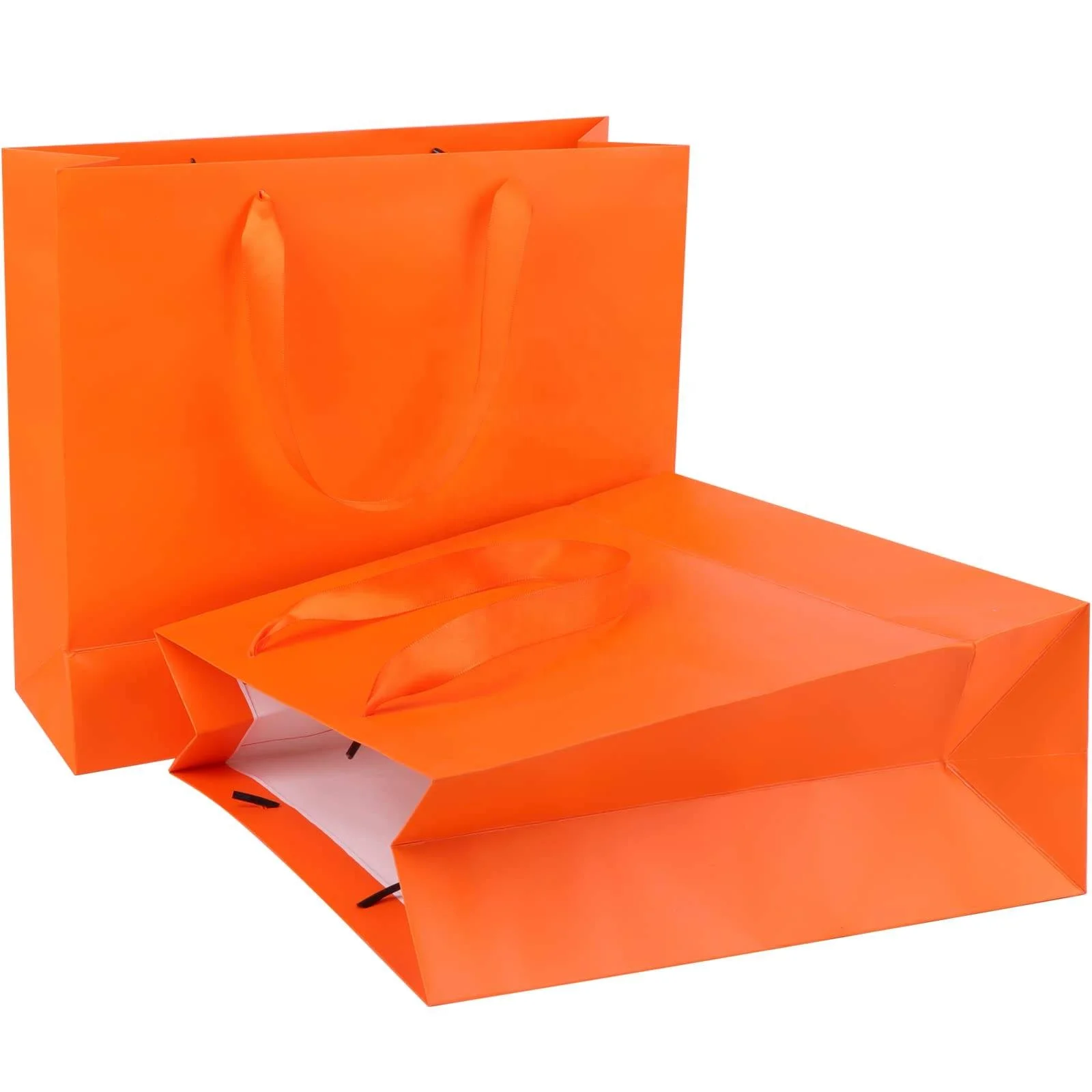 2023 Most Trendy Customize Coated Thickening Fashion Retail Luxury Shopping Orange Color Paper Bag With Satin Ribbon Handle