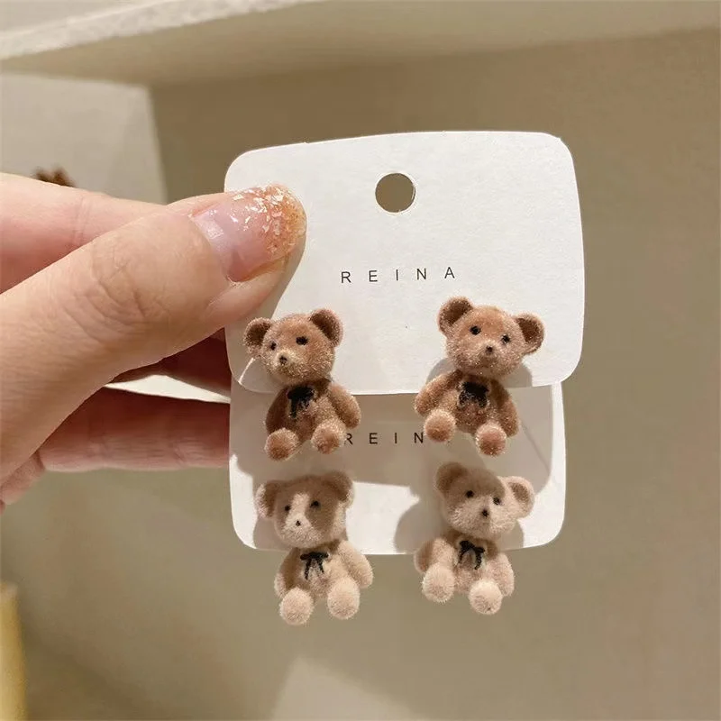 2024 New 925 Silver Needle Korean Flocking Cute Little Bear Earrings Simple and Trendy Heart Student for Girls Fashion Style