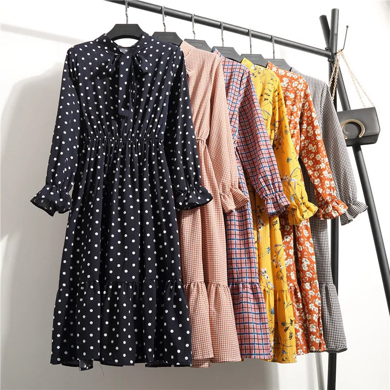 S-3XL 31 colors Spring Summer Custom Logo Long Sleeve Floral Printed Polka Female Midi Casual Chiffon Dresses for Women
